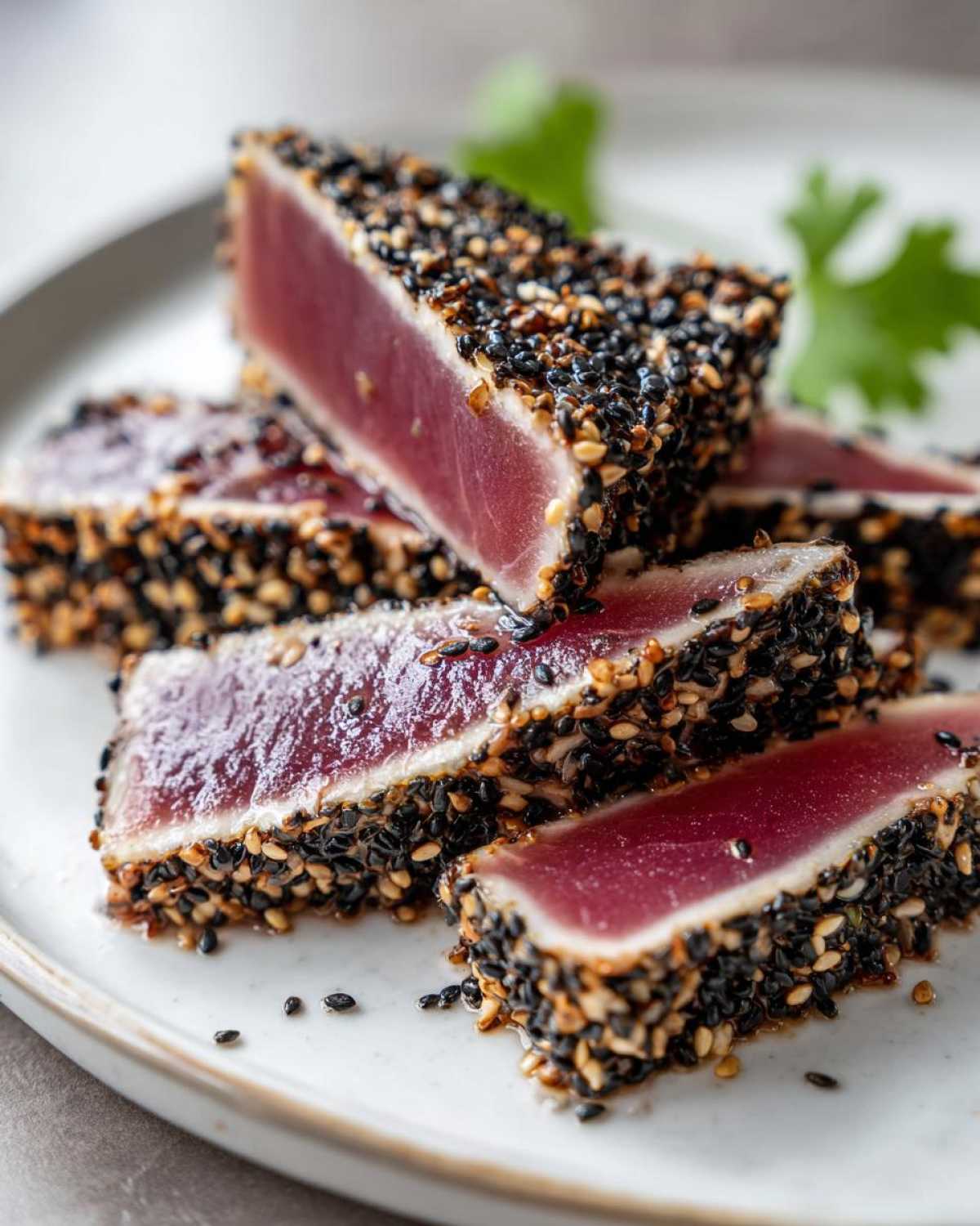 Slices of perfectly Seared Ahi Tuna crusted with black and white sesame seeds on a white plate.