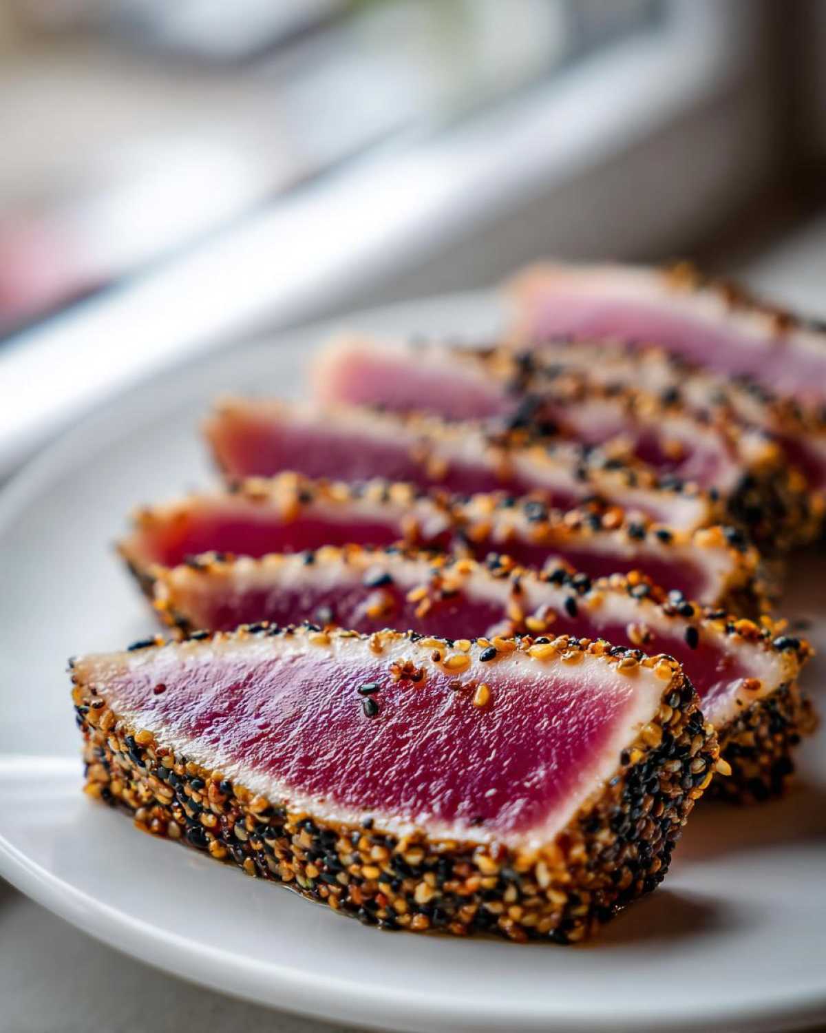 Close-up of perfectly Seared Ahi Tuna slices, crusted with black and white sesame seeds, served on a white plate.