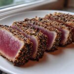 Five thick slices of perfectly seared ahi tuna, crusted with sesame seeds, showing a bright pink rare center.