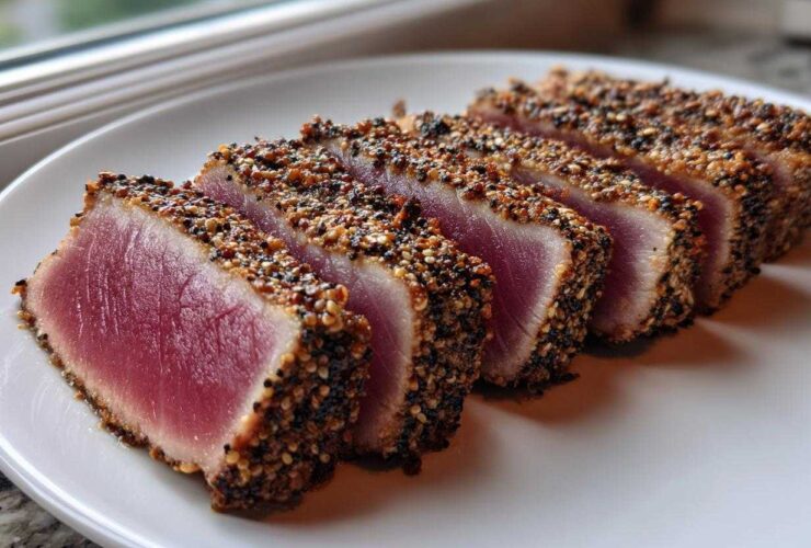 Five thick slices of perfectly seared ahi tuna, crusted with sesame seeds, showing a bright pink rare center.