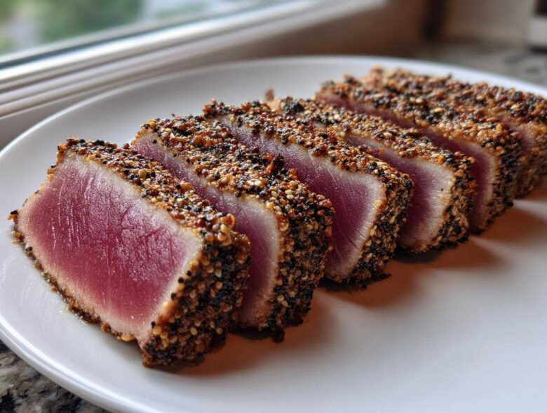 Five thick slices of perfectly seared ahi tuna, crusted with sesame seeds, showing a bright pink rare center.