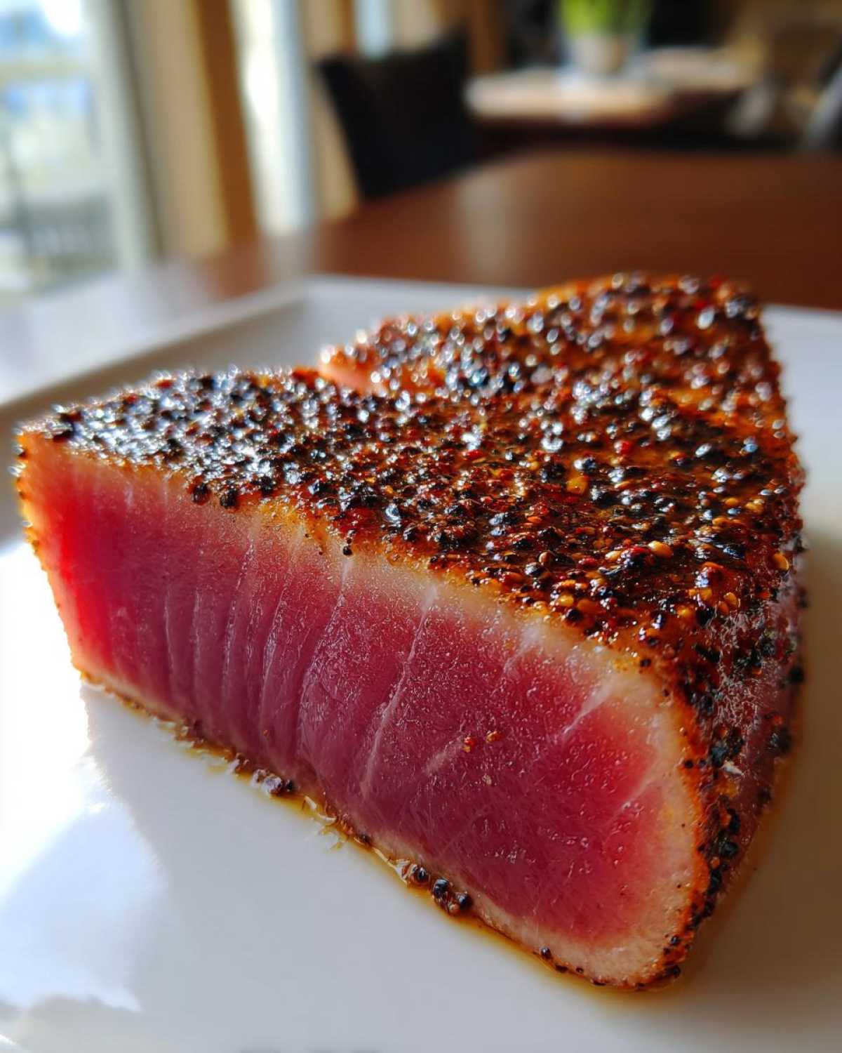 Close-up of a perfectly seared tuna steak, showing a bright red interior and a dark, heavily seasoned crust from the MARINADE FOR TUNA STEAK.