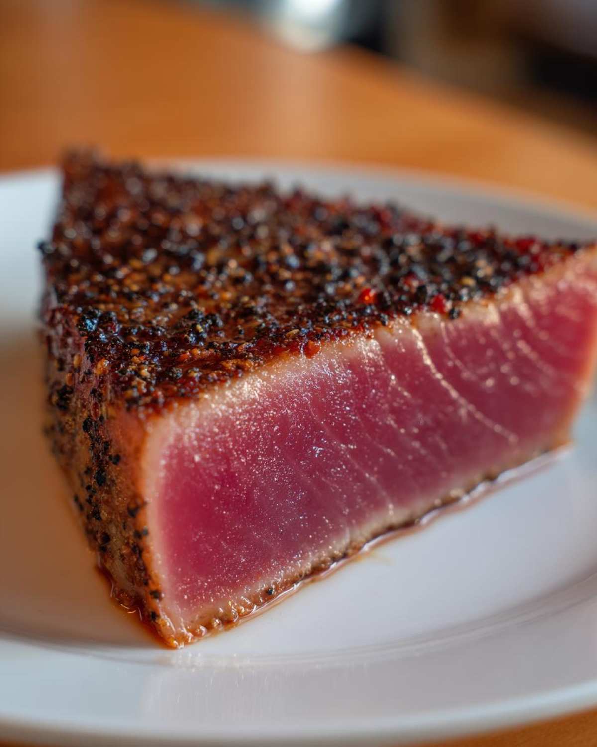 Close-up of a perfectly seared tuna steak, rare in the center, coated in a black pepper crust, ready after using the MARINADE FOR TUNA STEAK.