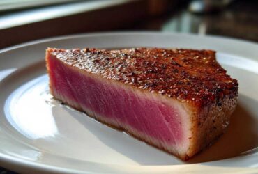 A thick, perfectly seared tuna steak, rare in the center, seasoned with spices, served on a white plate.