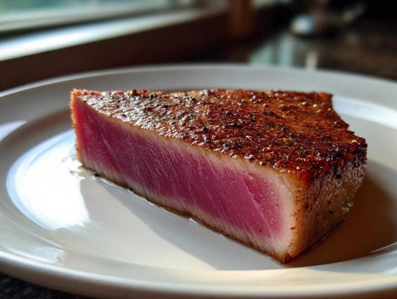 A thick, perfectly seared tuna steak, rare in the center, seasoned with spices, served on a white plate.