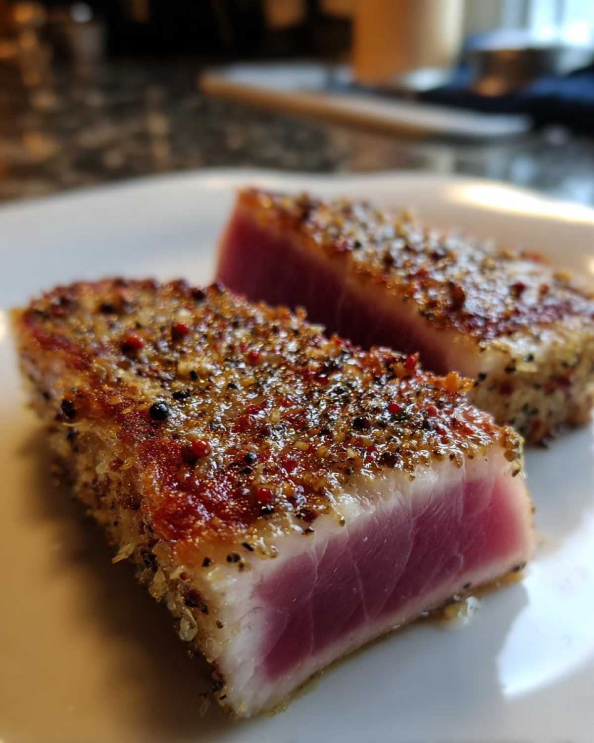 Two slices of seared tuna steak, rare in the center, coated in a peppery spice crust from the MARINADE FOR TUNA STEAK.