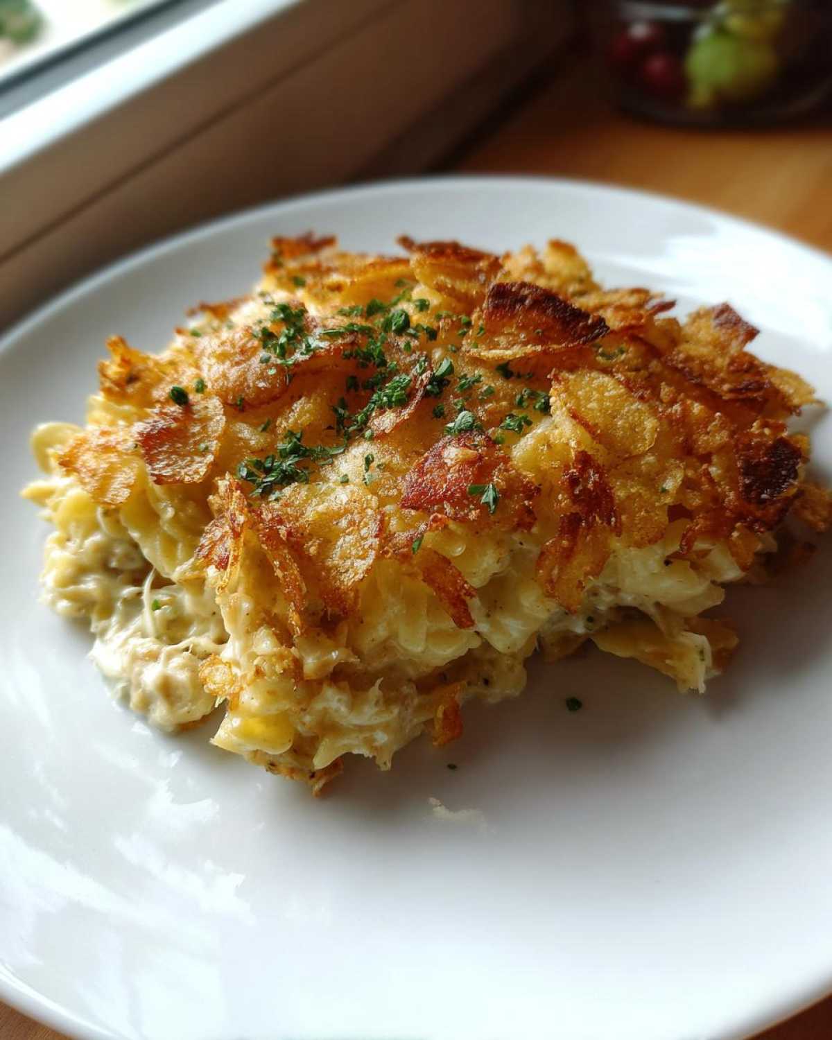 A serving of creamy Tuna Casserole topped with crispy, golden cornflakes and fresh parsley garnish.