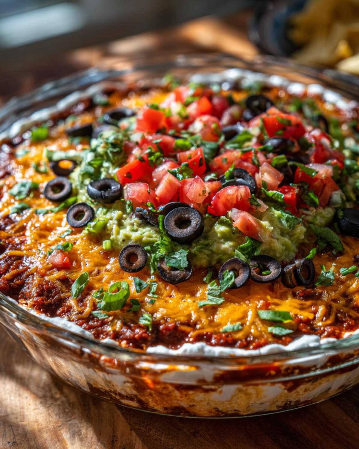 Close-up of a vibrant Seven layer dip in a clear glass dish, topped with guacamole, tomatoes, black olives, and cheese.