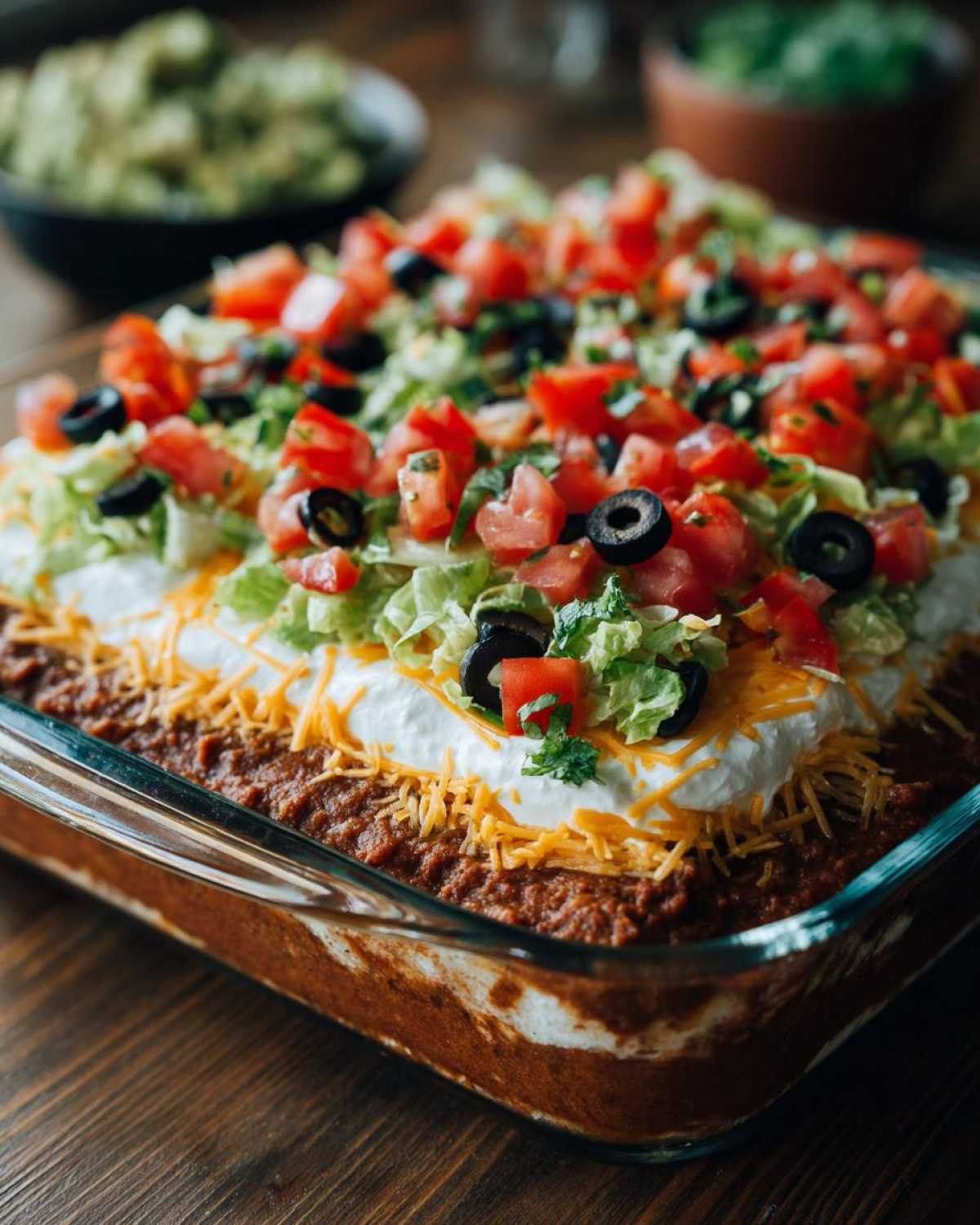 A close-up view of a freshly made Seven layer dip layered with beans, cheese, sour cream, lettuce, tomatoes, and olives.