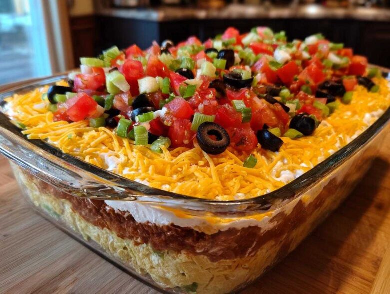 Close-up of a vibrant Seven layer dip topped with shredded cheese, tomatoes, olives, and green onions.
