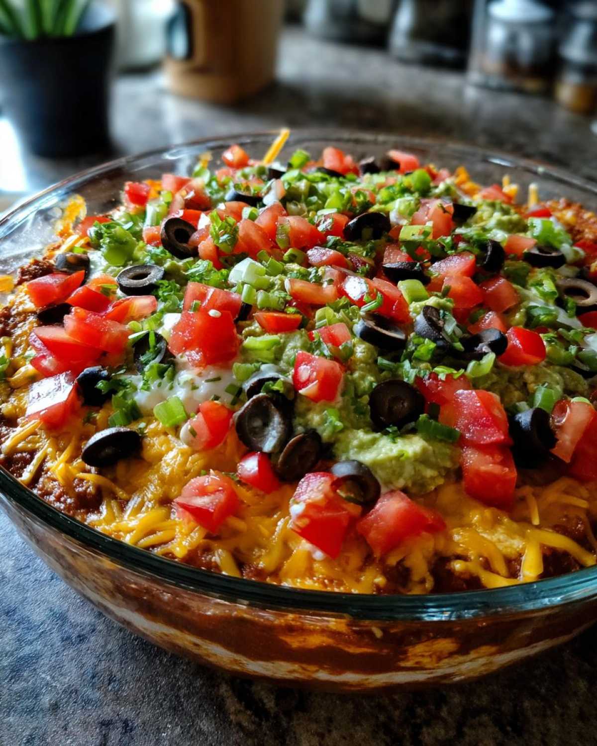 A vibrant, fully assembled Seven layer dip in a clear glass bowl, topped with guacamole, tomatoes, olives, and green onions.