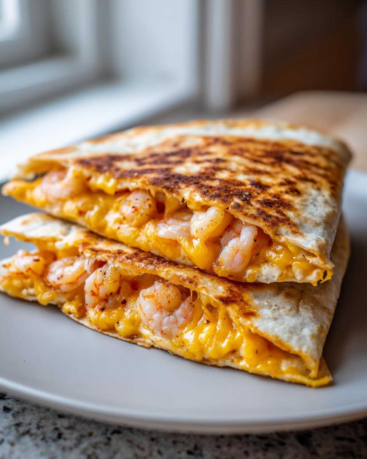 Two halves of a golden-brown shrimp quesadilla stacked on a plate, showing melted cheddar cheese and seasoned shrimp filling.