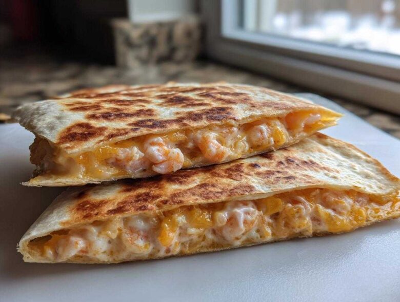 Two halves of a golden-brown shrimp quesadilla stacked, showing melted cheese and pink shrimp filling.