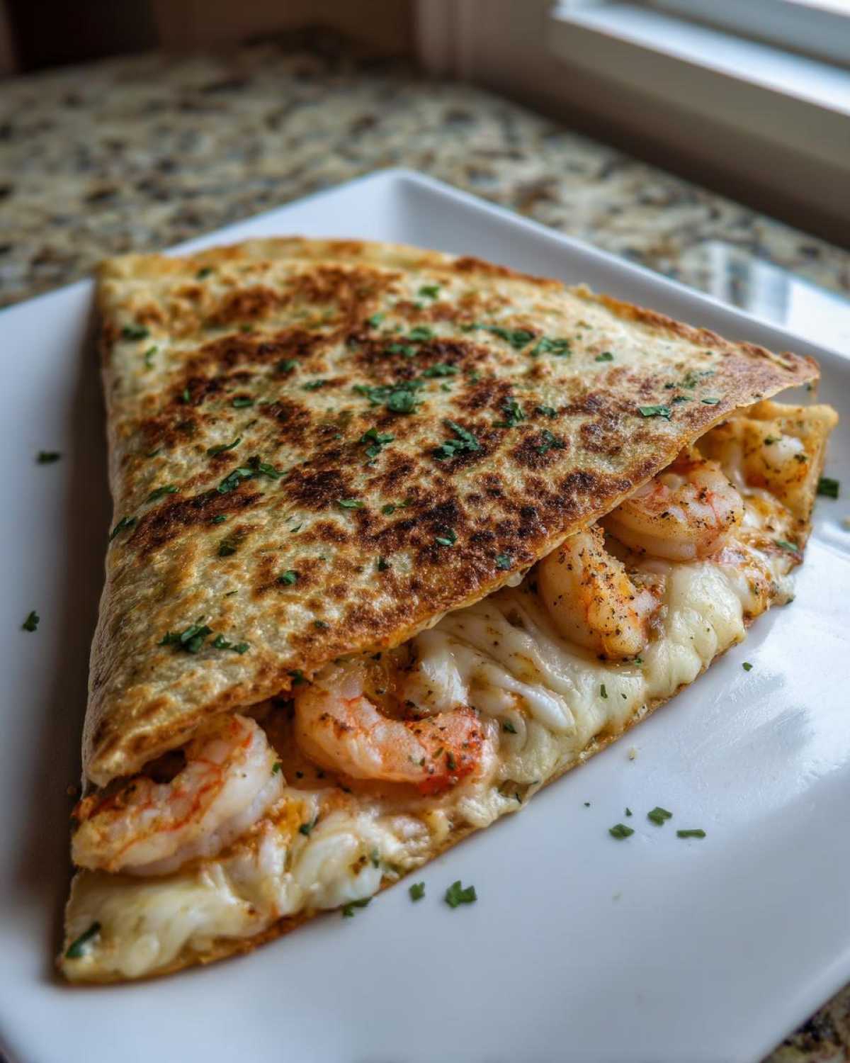 A close-up of a golden-brown shrimp quesadilla slice filled with melted cheese and seasoned shrimp.