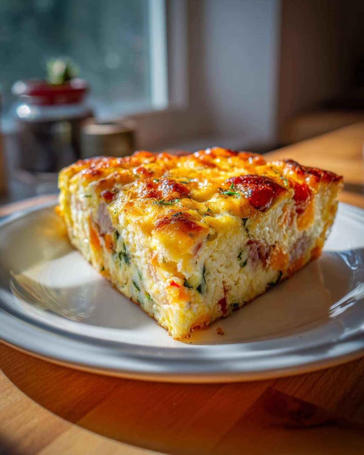 A thick slice of savory egg bake with visible chunks of meat and vegetables, featuring a golden, cheesy top crust.