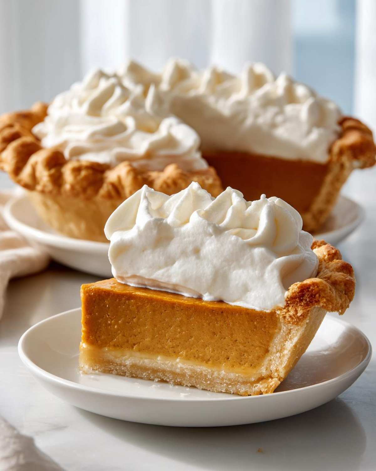 A close-up of a slice of rich, orange butterscotch pie topped with a generous swirl of white whipped cream.