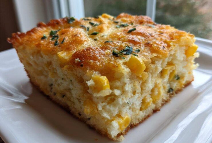 A square slice of moist cornbread casserole studded with corn kernels, featuring a golden, cheesy top garnished with parsley.