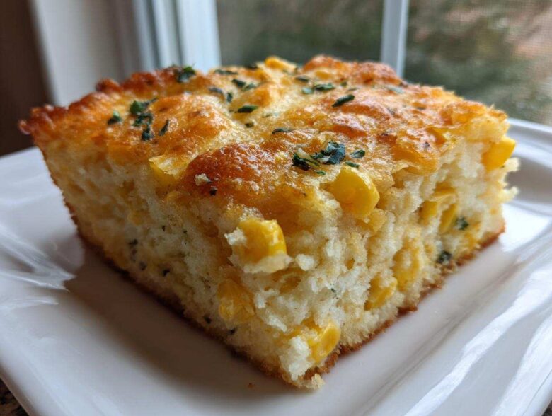 A square slice of moist cornbread casserole studded with corn kernels, featuring a golden, cheesy top garnished with parsley.