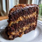 Close-up of a moist slice of german chocolate cake recipe with dark chocolate layers and gooey coconut pecan filling.