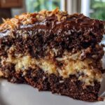 Close-up of a decadent slice of german chocolate cake recipe showing dark layers and coconut pecan frosting.