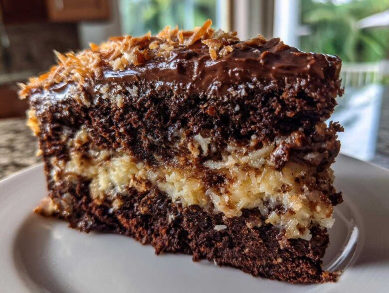 Close-up of a decadent slice of german chocolate cake recipe showing dark layers and coconut pecan frosting.