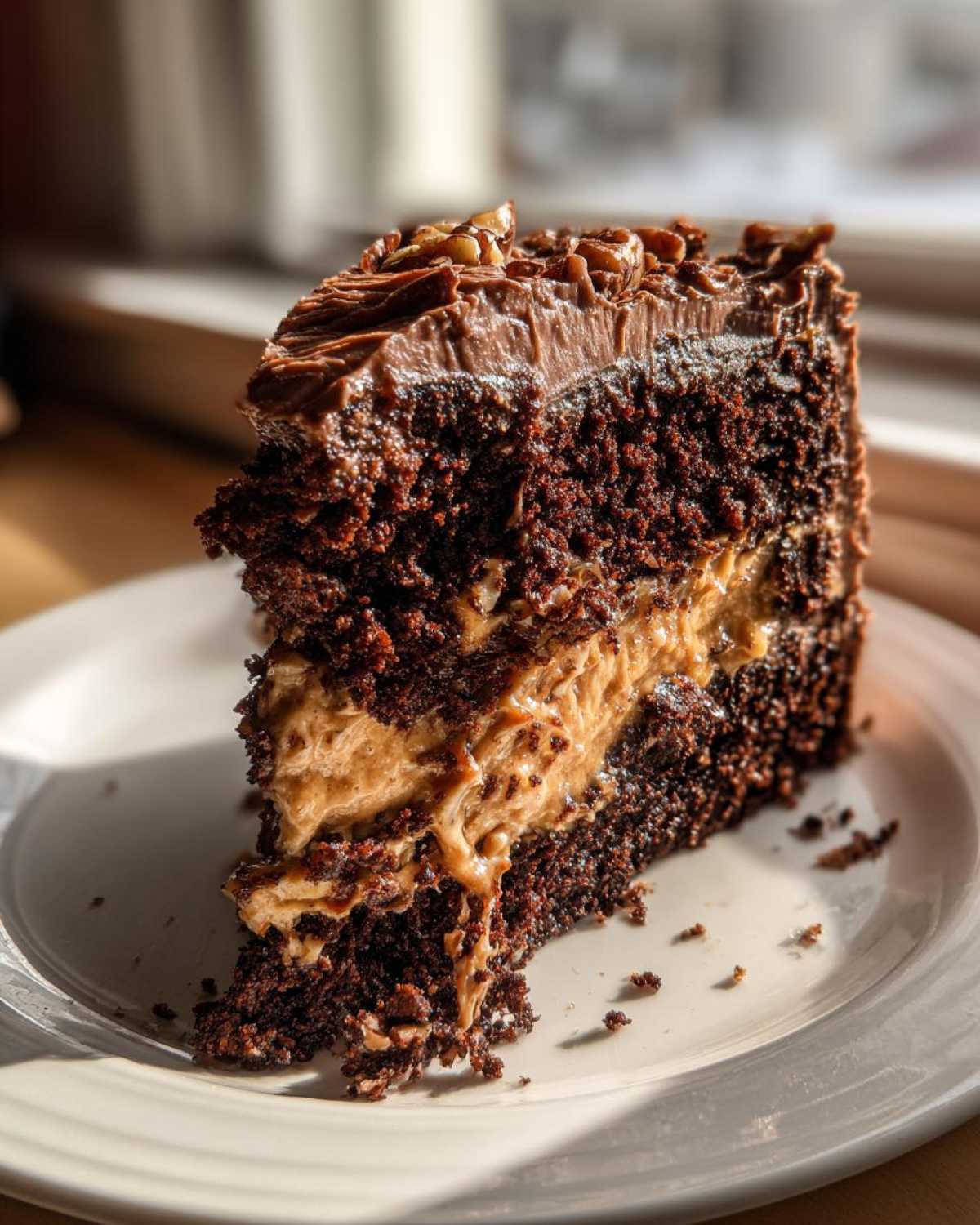 A decadent slice of german chocolate cake recipe featuring dark chocolate layers and creamy coconut-pecan filling.