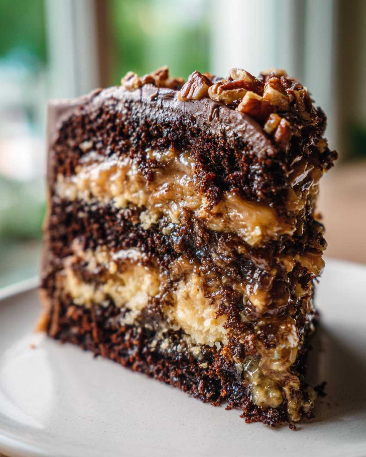 Close-up of a rich, multi-layered slice of german chocolate cake recipe featuring dark chocolate cake and coconut-pecan filling.