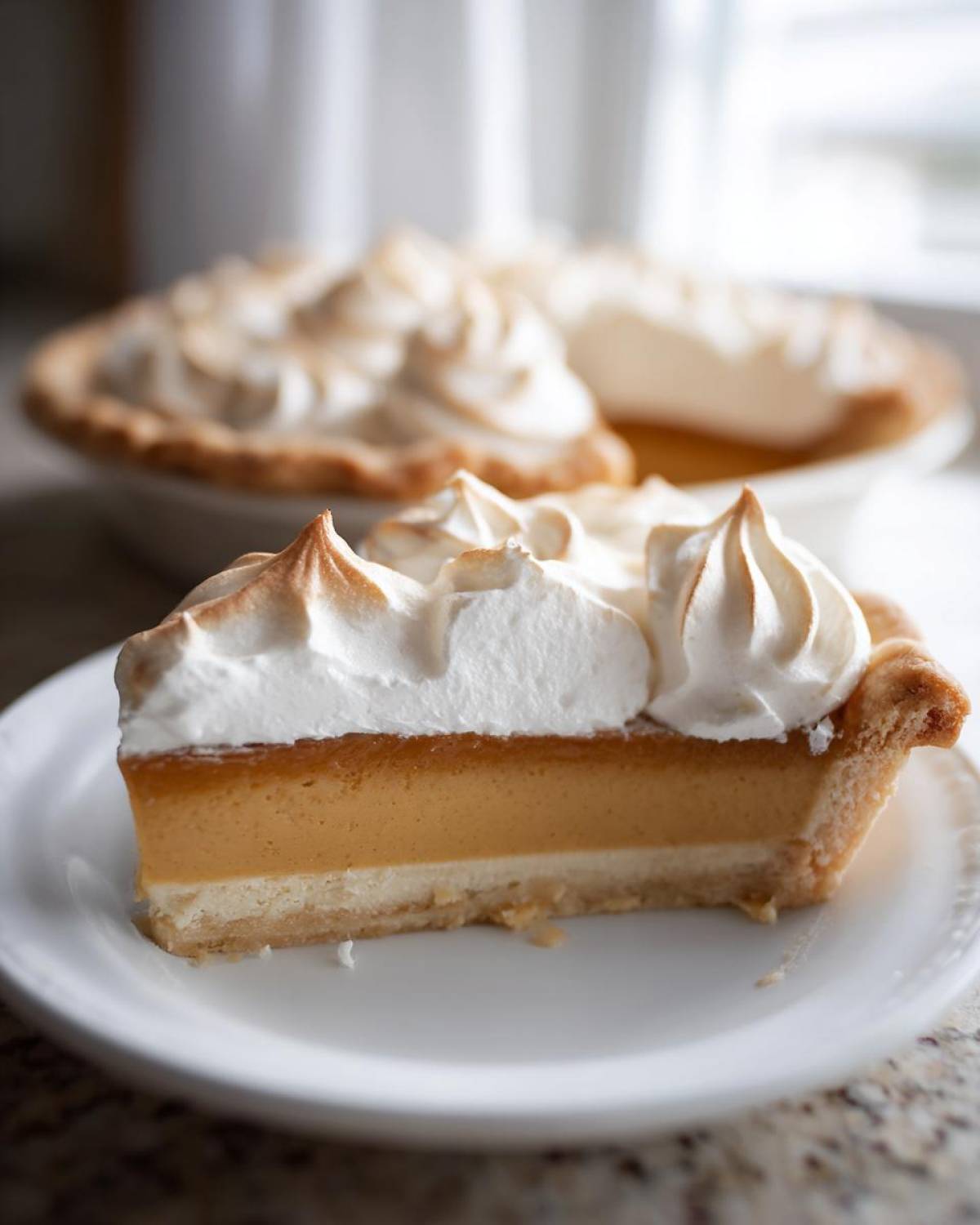 A close-up slice of butterscotch pie with a creamy filling and toasted meringue topping on a white plate.