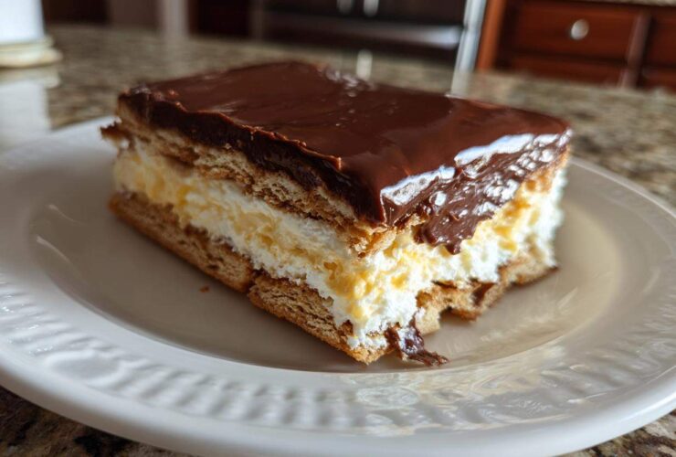 A single serving slice of layered eclair cake featuring graham crackers, vanilla pudding, and a glossy chocolate topping.