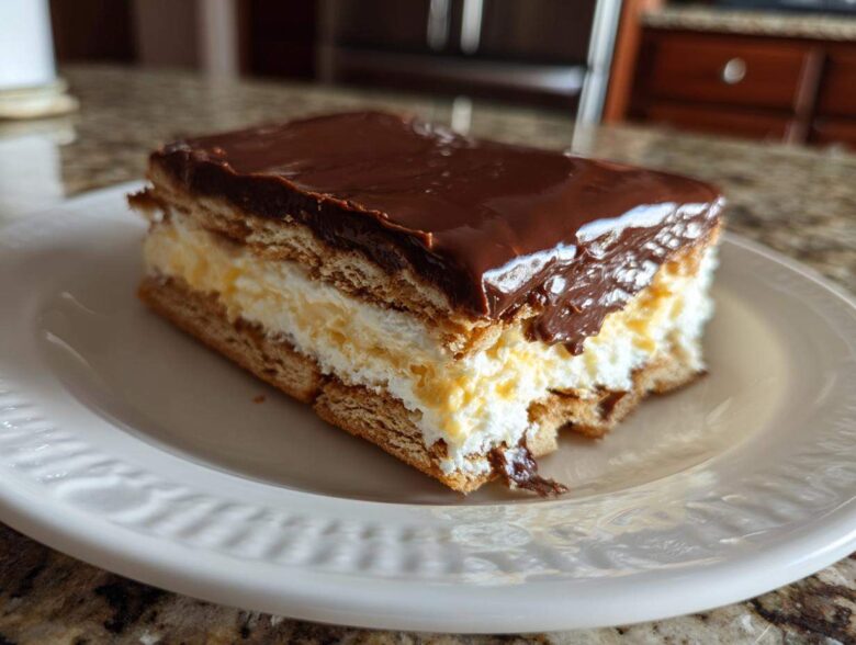 A single serving slice of layered eclair cake featuring graham crackers, vanilla pudding, and a glossy chocolate topping.