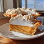 A thick slice of rich orange butterscotch pie topped high with swirls of white whipped cream on a white plate.