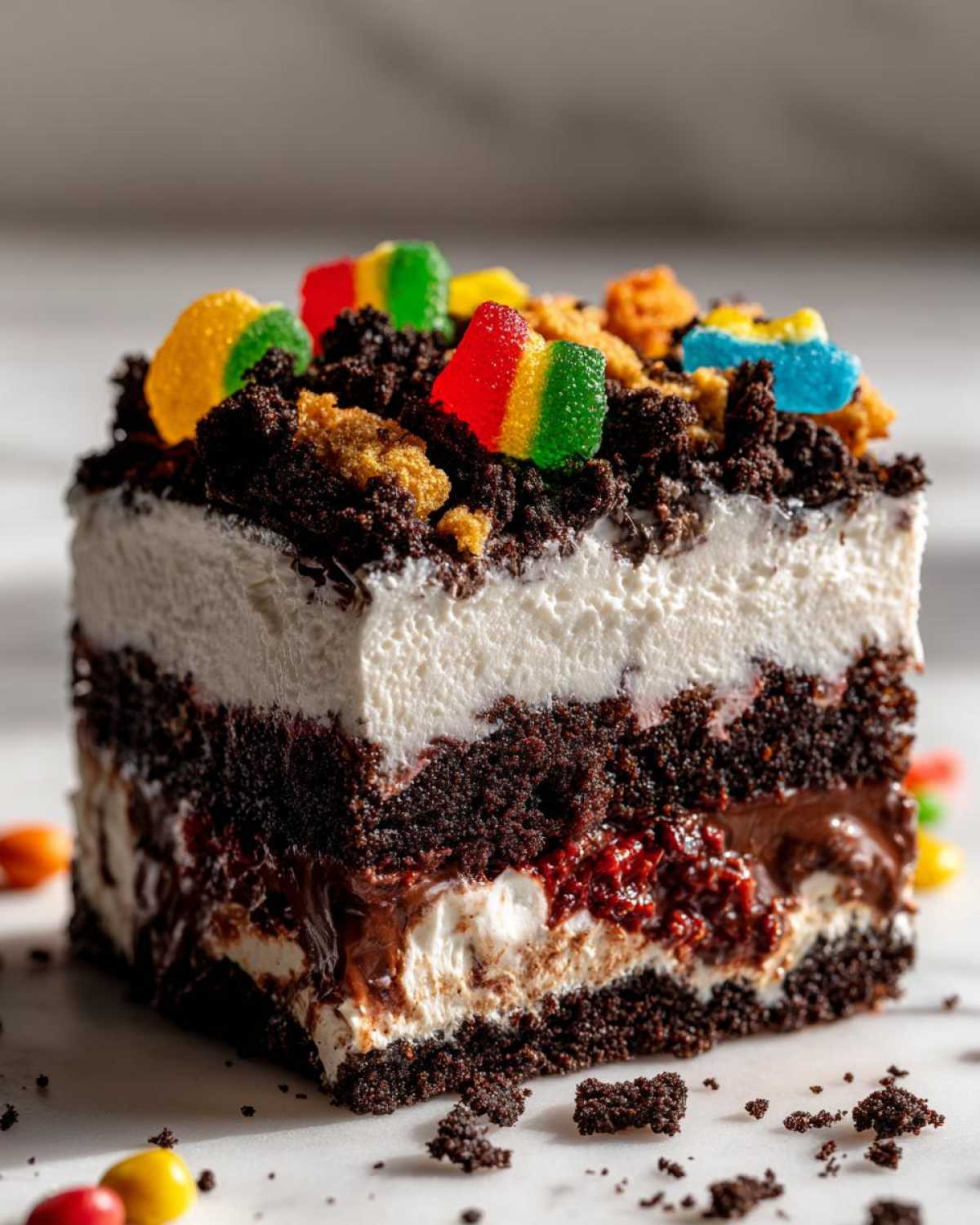 Close-up of a square slice of layered dirt cake featuring chocolate cake, cream filling, and gummy candies on top.