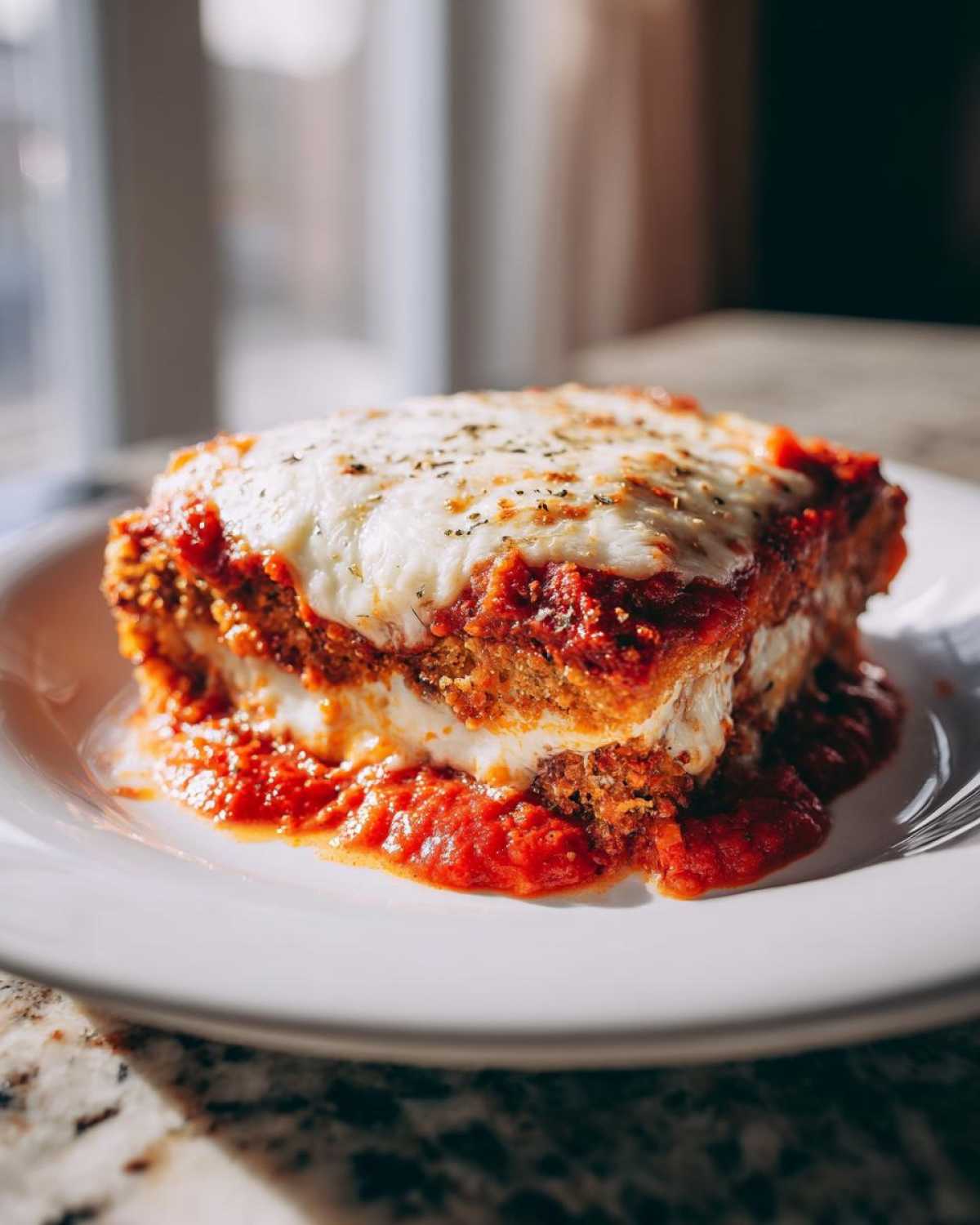 A thick, layered slice of baked eggplant parmesan covered in melted mozzarella and marinara sauce.