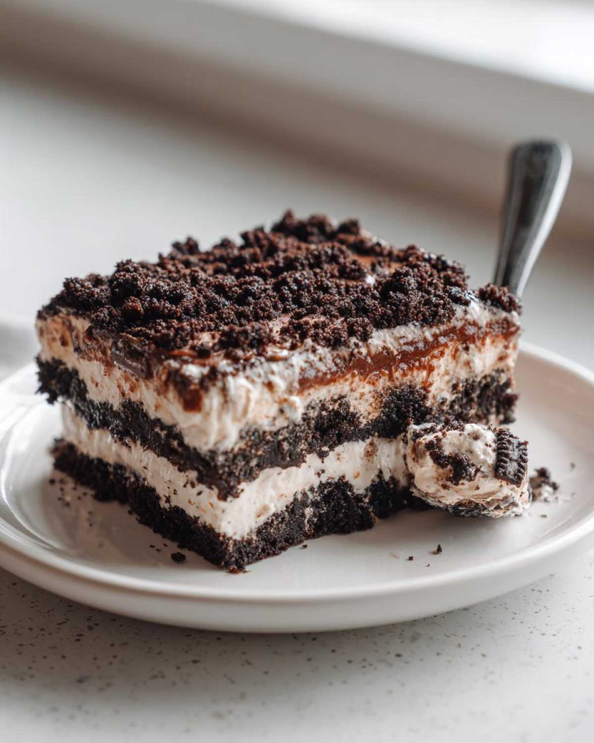 A rich, layered slice of oreo dirt cake with cream filling and chocolate crumbs on a white plate.