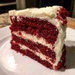 A decadent slice of red velvet cake showing three layers of deep red cake separated by thick layers of white cream cheese frosting.