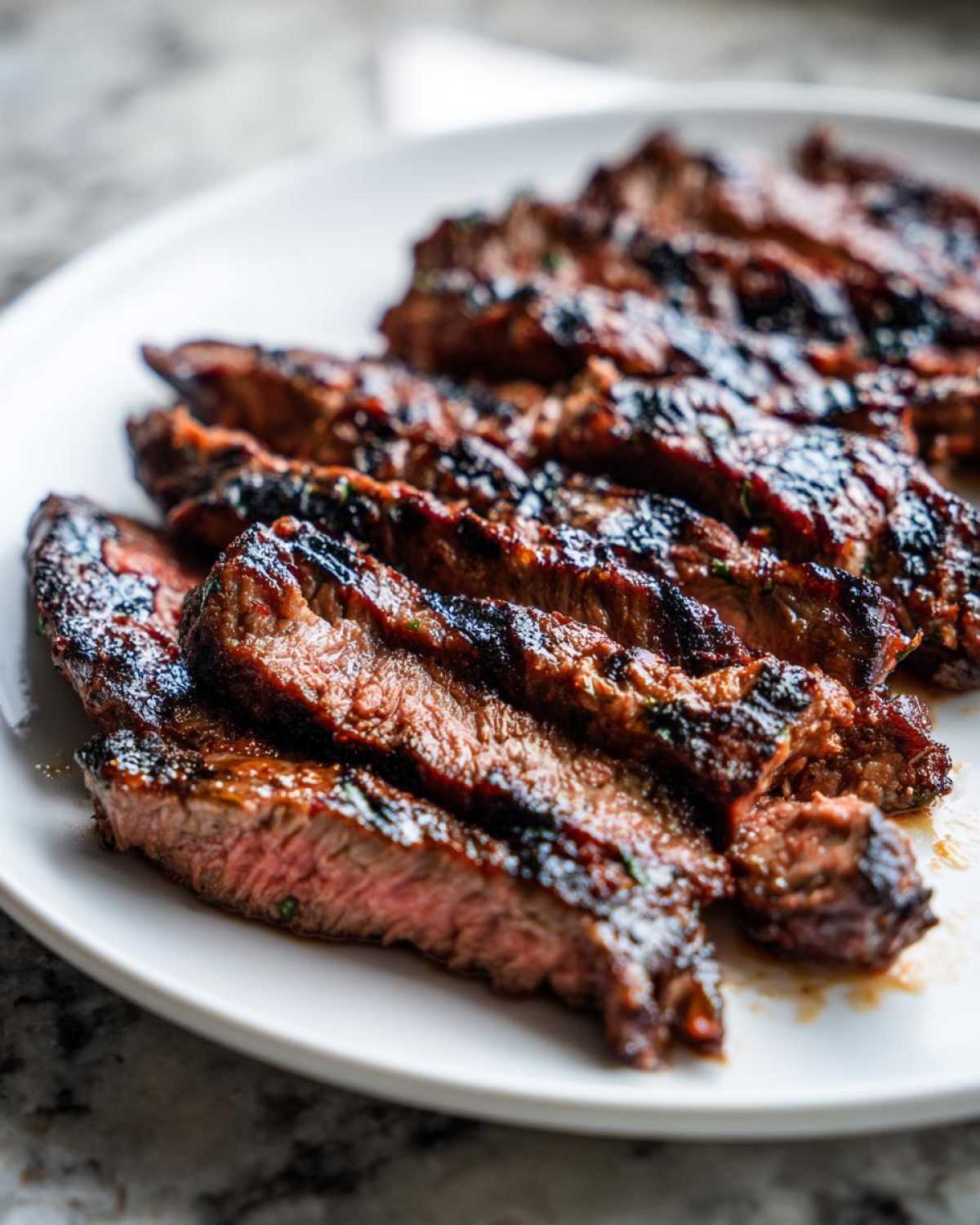 Close-up of perfectly grilled and sliced steak showing a medium-rare center, marinated with Carne asada marinade.