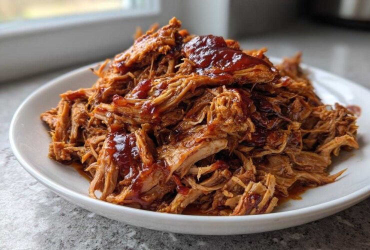 A generous serving of saucy, shredded Slow cooker pulled pork piled high on a white plate.