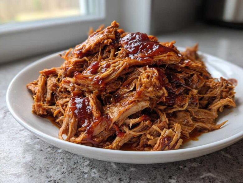 A generous serving of saucy, shredded Slow cooker pulled pork piled high on a white plate.