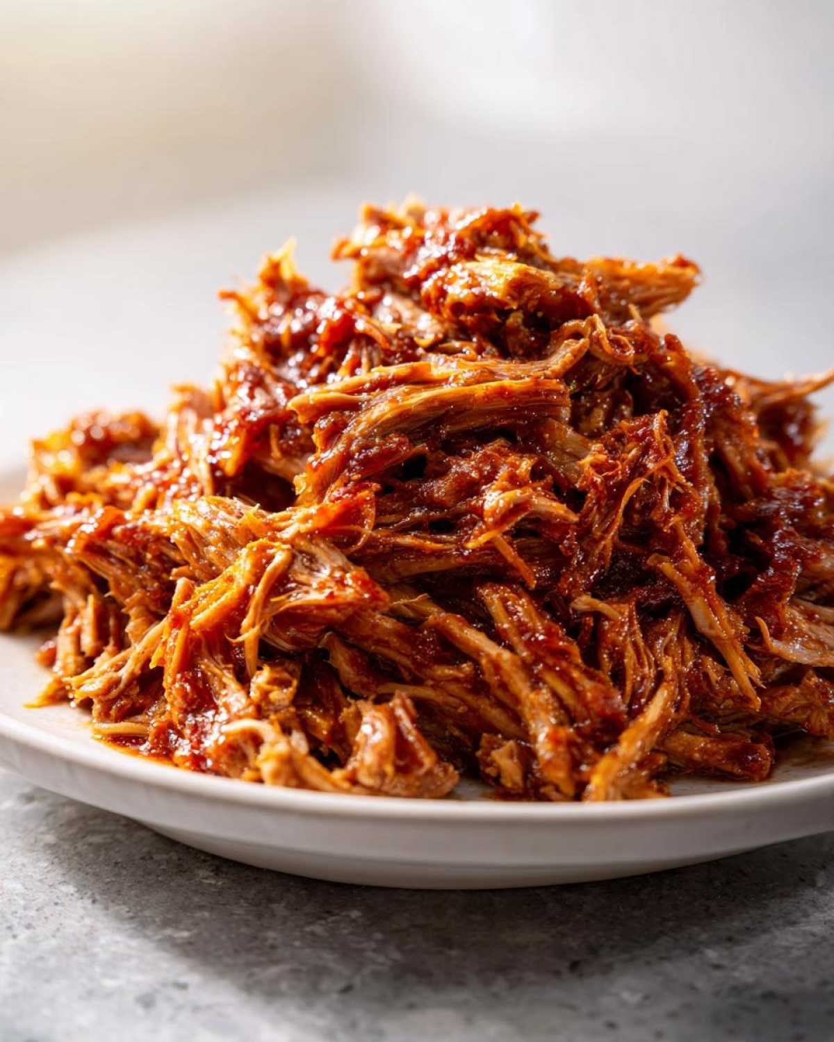 Close-up of a mound of juicy, shredded Slow cooker pulled pork coated in rich barbecue sauce on a white plate.