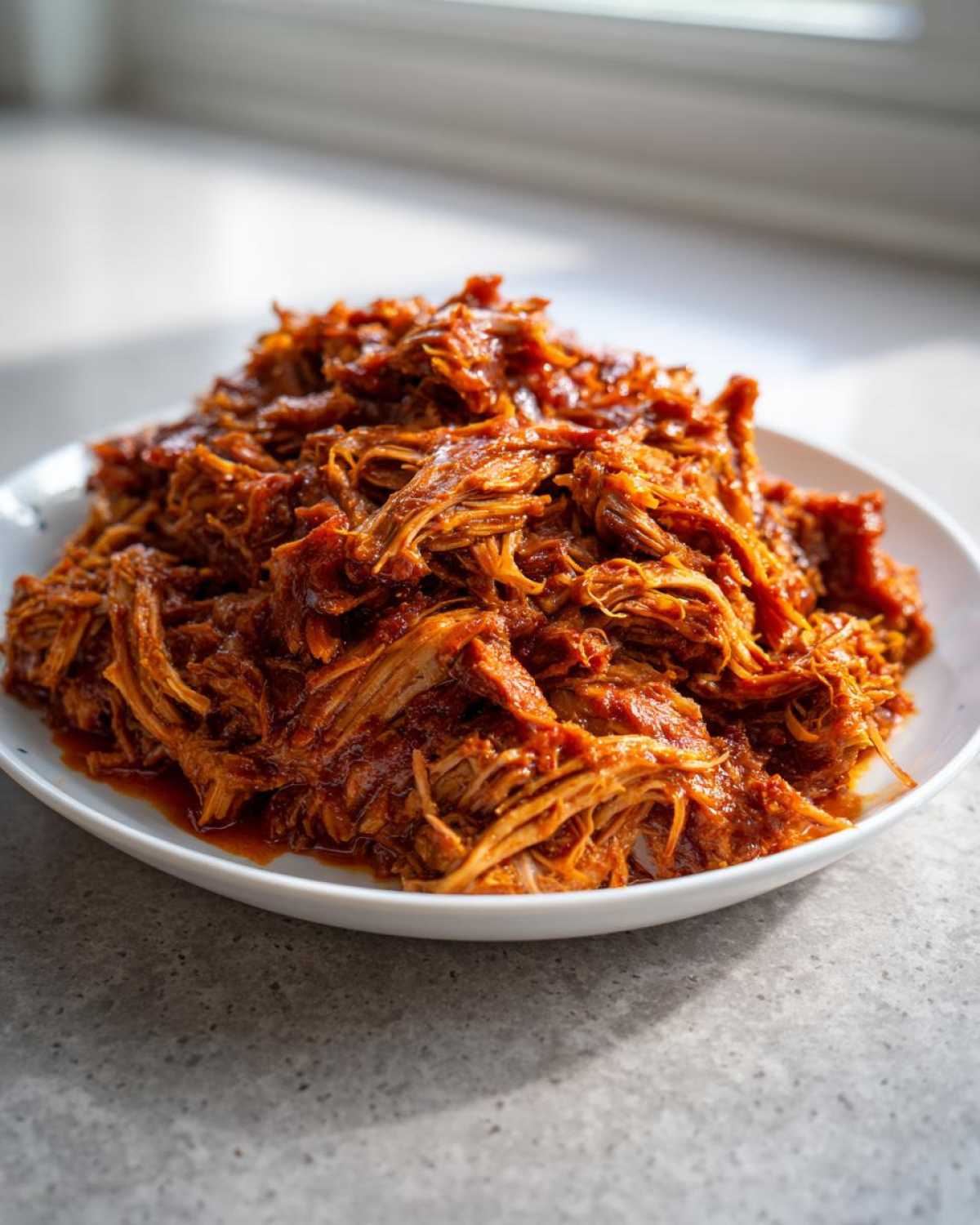 A mound of saucy, shredded Slow cooker pulled pork served on a white plate.