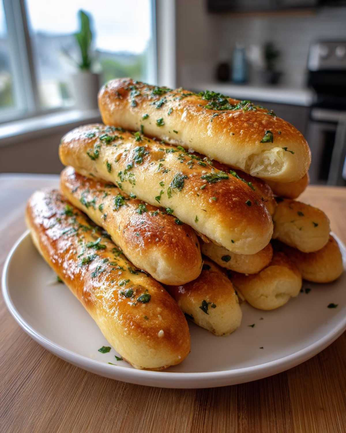 A tall stack of golden brown, soft, buttery breadsticks seasoned with garlic and fresh parsley on a white plate.