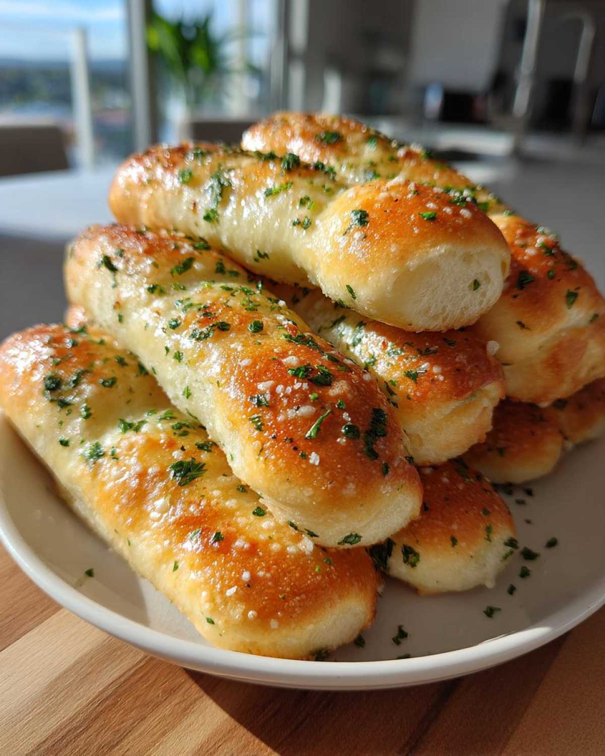 A stack of soft, buttery breadsticks brushed with garlic butter and topped with parsley and Parmesan cheese.