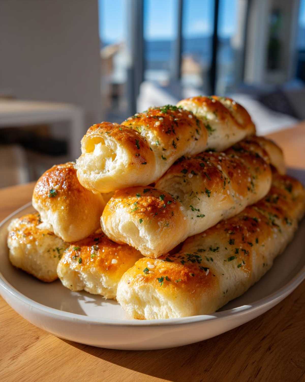 A stack of golden brown, buttery breadsticks topped with garlic and parsley on a white plate.