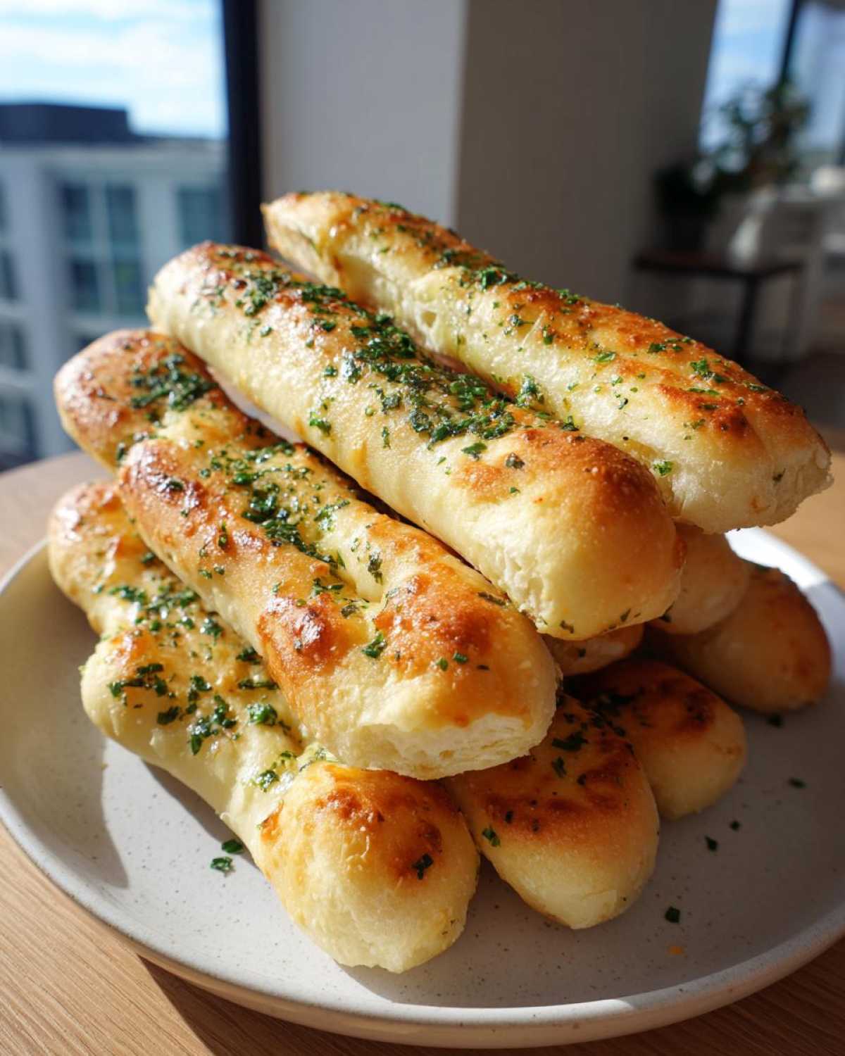 A tall stack of soft, buttery breadsticks topped with melted butter and chopped parsley.