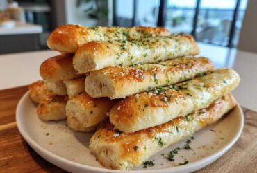 A tall stack of golden brown, soft buttery breadsticks topped with melted cheese, parsley, and Parmesan.