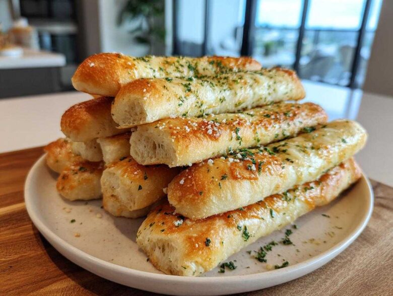 A tall stack of golden brown, soft buttery breadsticks topped with melted cheese, parsley, and Parmesan.