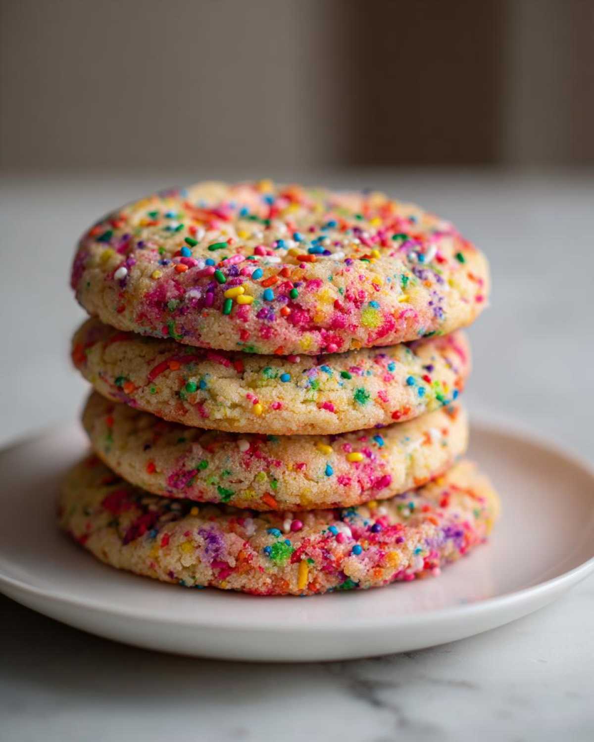 A stack of four soft, round cake batter cookies loaded with bright rainbow sprinkles, resting on a white plate.