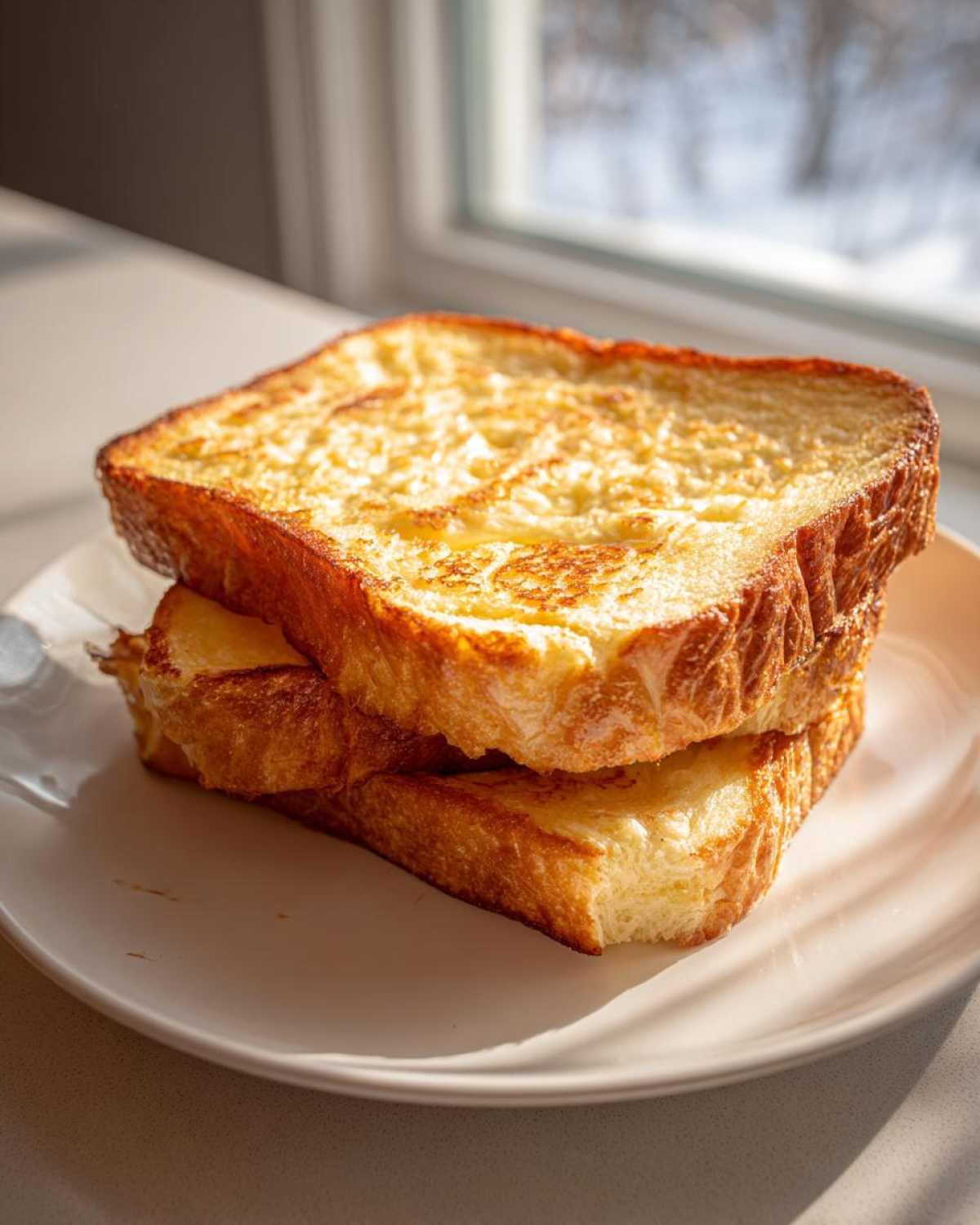 A stack of three golden-brown slices of easy french toast resting on a white plate near a window.