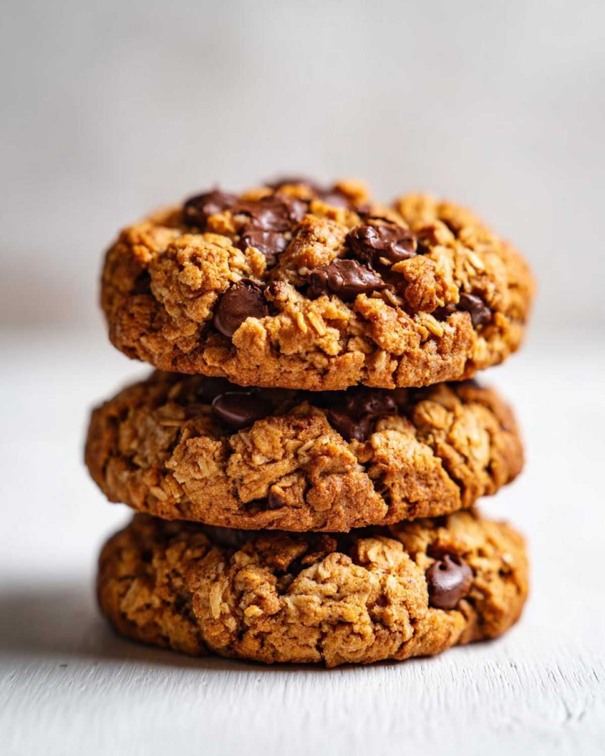 A vertical stack of three chewy chocolate chip oatmeal cookie treats against a light background.