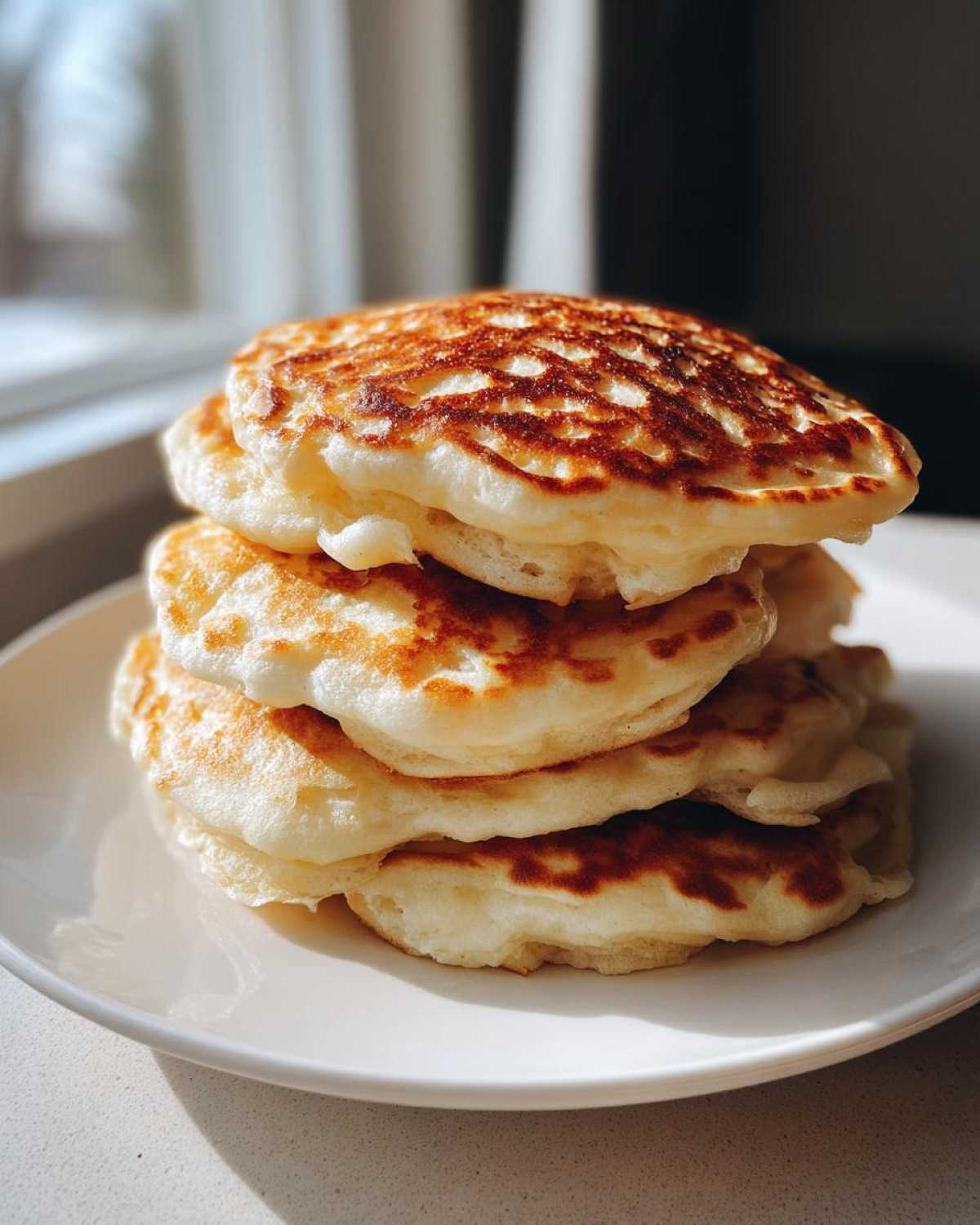 A tall stack of four incredibly fluffy pancakes with beautifully browned, lacy tops, served on a white plate.